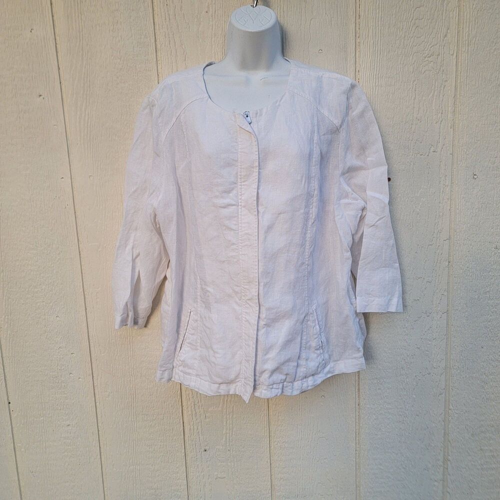 Chico's White 100% Linen Full Zip  Jacket Pockets Sz3 Coastal Resort Lagenlook